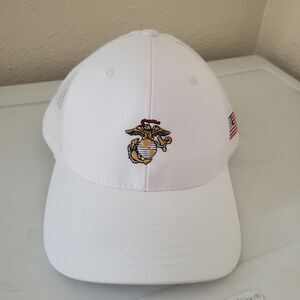 USMC Eagle Globe Anchor White Mesh Trucker Hat Cap Made in USA American Flag